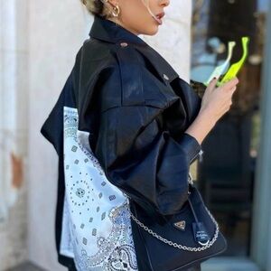 Fashion Nova Black Faux Leather Moto Jacket Paisley Bandana Back Kendra NEW NWT